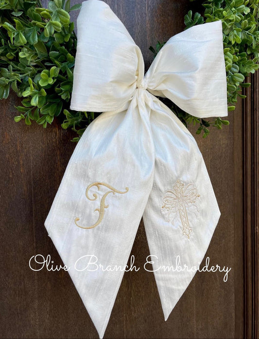 Dupioni Silk Bow Sash with Cross & Monogram