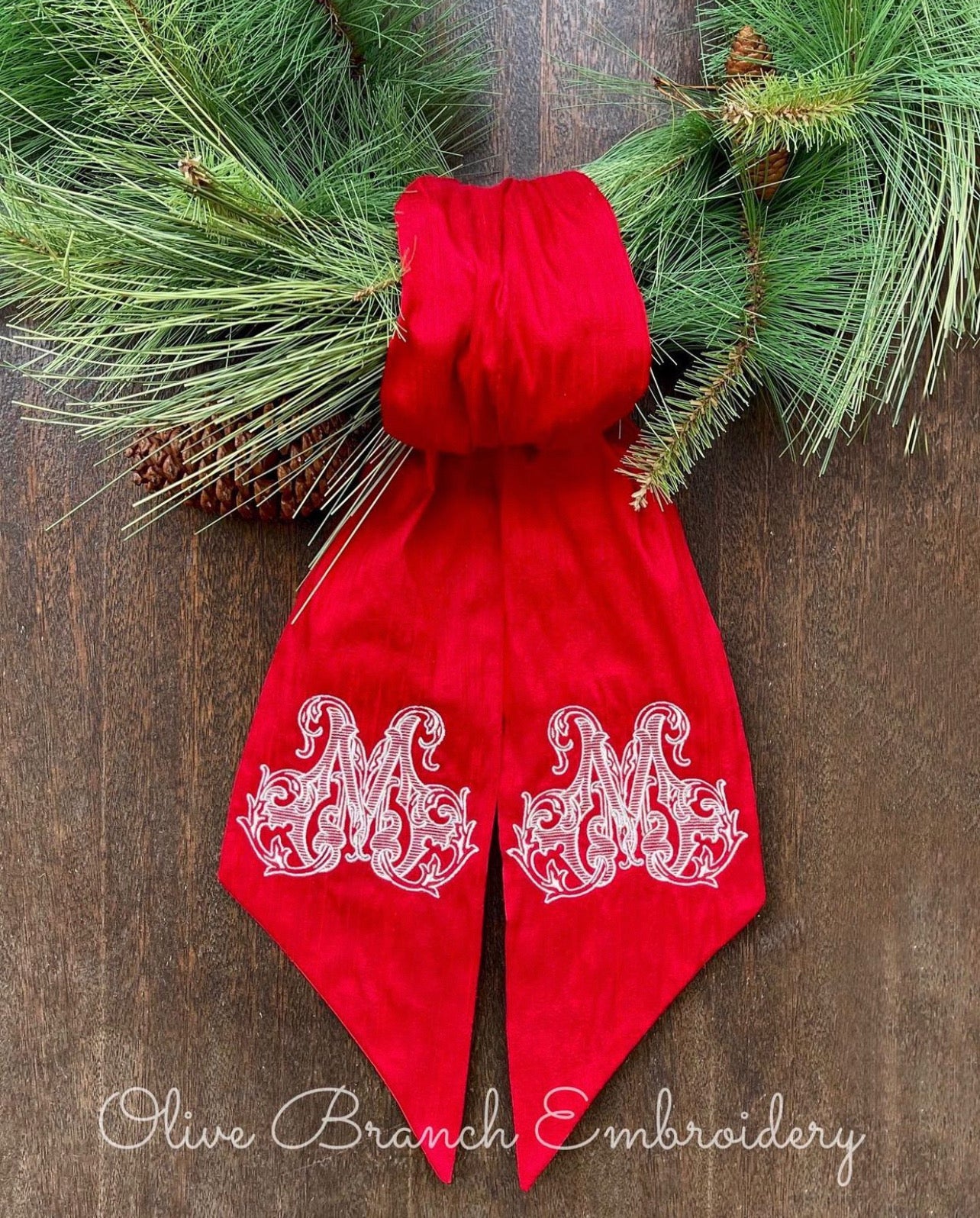 Dupioni Silk Wreath Sash with Vintage Vine Monogram