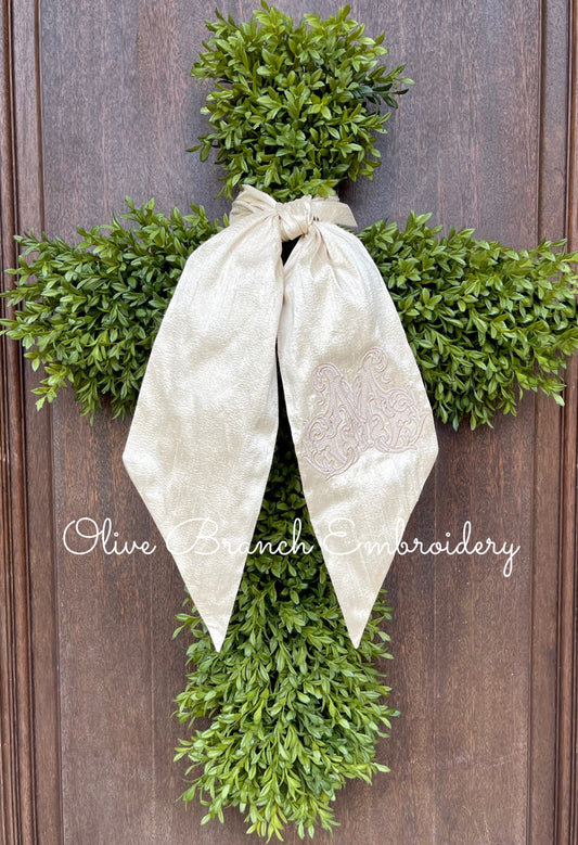 Dupioni Silk Wreath Sash with Vintage Vine Monogram