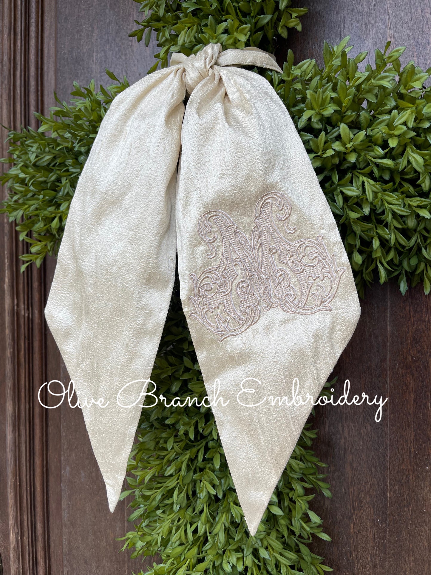 Dupioni Silk Wreath Sash with Vintage Vine Monogram