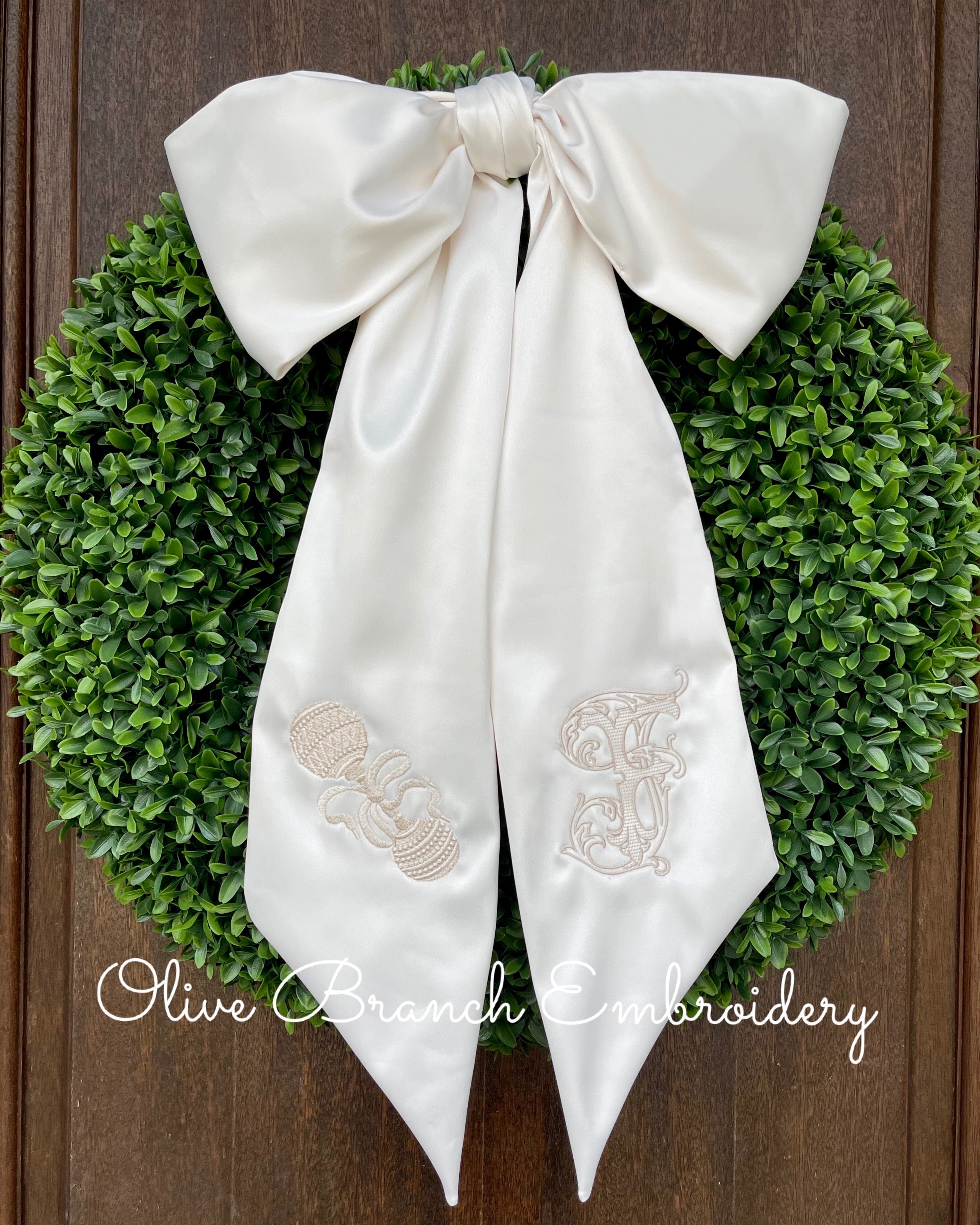 Satin Bow Wreath Sash With Rattle & Vintage Vine Monogram –  OliveBranchEmbroidery