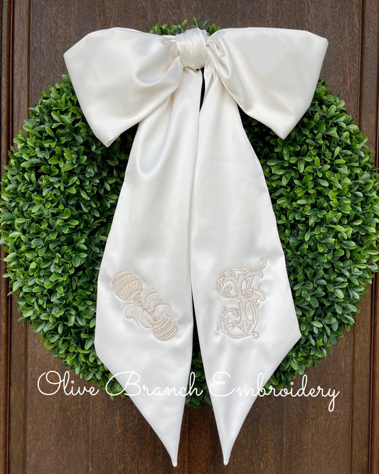 Satin Bow Wreath Sash With Rattle & Vintage Vine Monogram