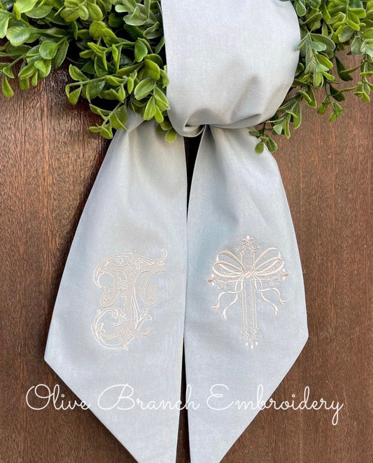 LINEN Wreath Sash with Cross & Monogram