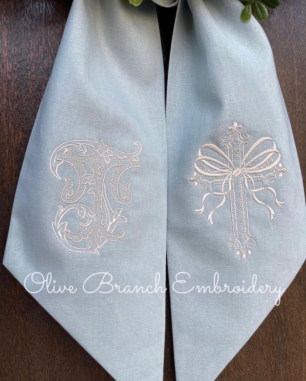 LINEN Wreath Sash with Cross & Monogram