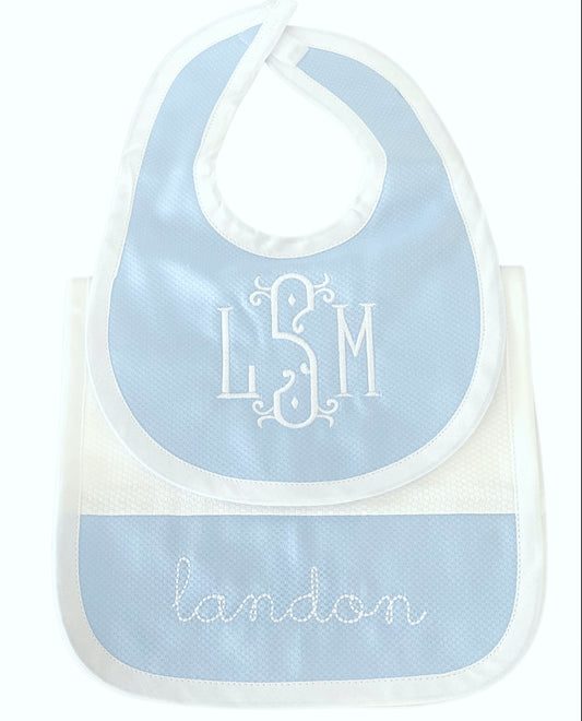Blue Pique Bib & Burp Cloth Set