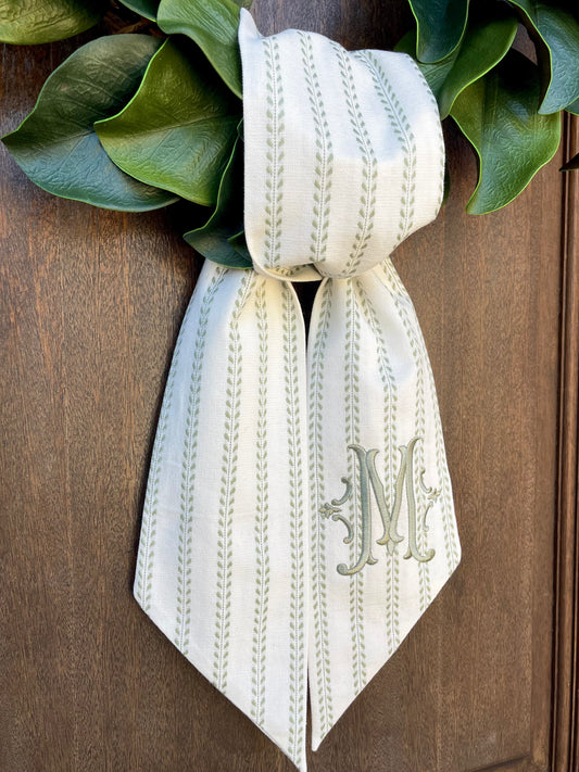 Olive Stripe Wreath Sash with Romanesque Monogram