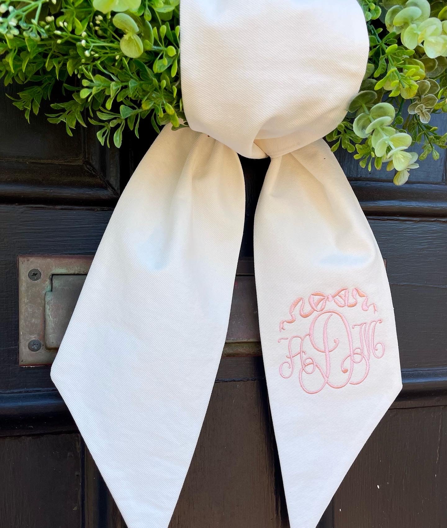 Satin Bow Wreath Sash With Rattle & Vintage Vine Monogram –  OliveBranchEmbroidery