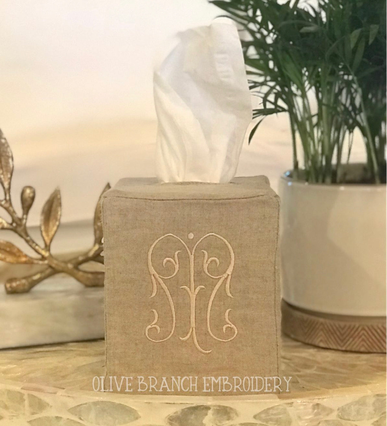 Natural Linen Tissue Box Cover with Victorian Monogram