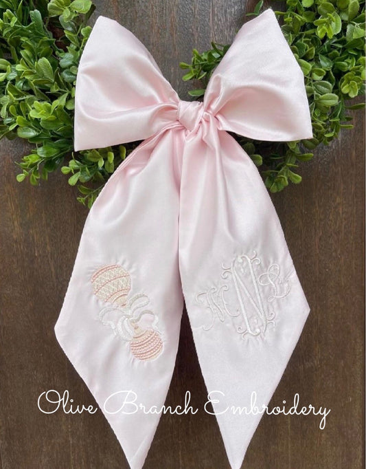 Pink Satin Bow Sash with Rattle & 3 Letter Monogram
