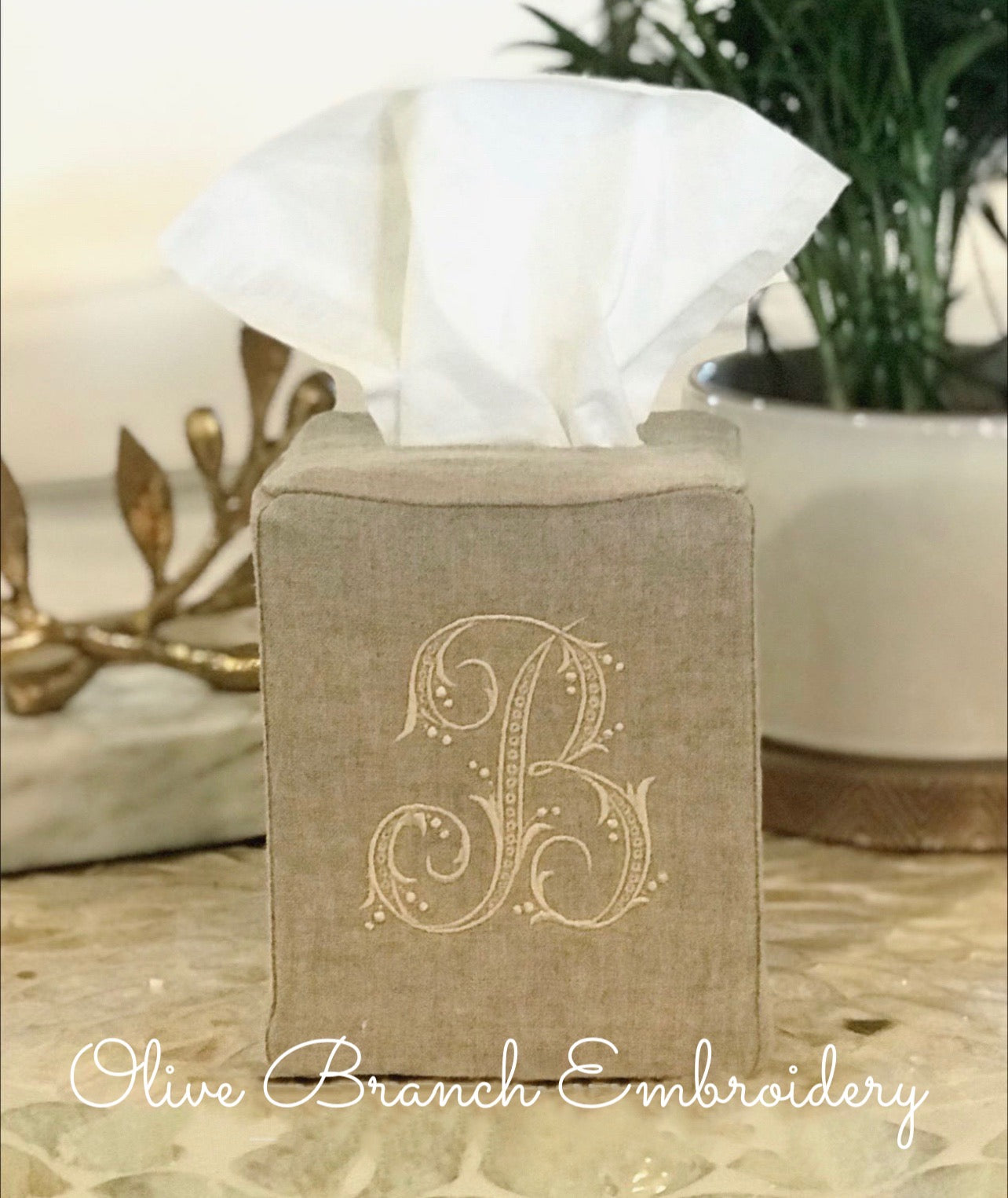 Natural Linen Tissue Box Cover with Berry Monogram