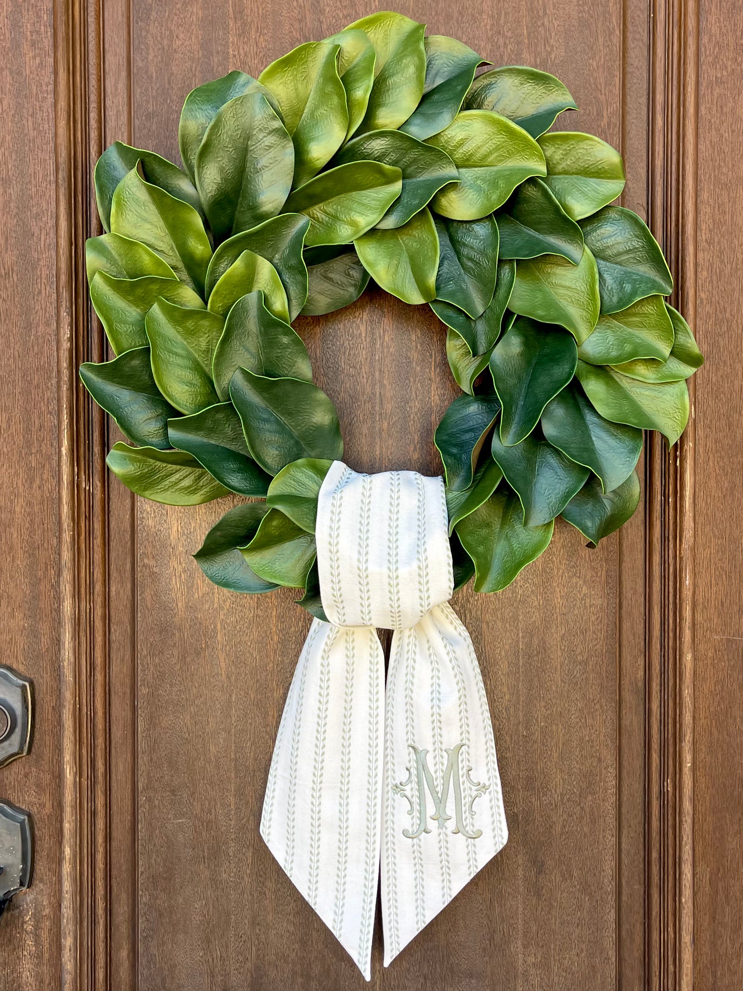 Olive Stripe Wreath Sash with Romanesque Monogram